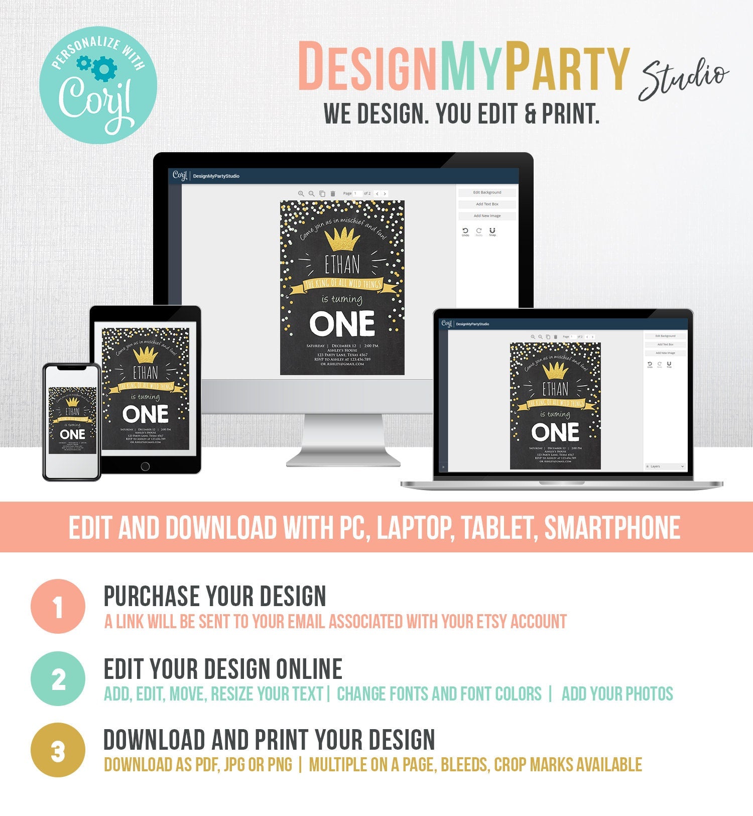 Editable Birthday Invitation Wild One Black Gold Wild Things Boy First Birthday Crown Download Printable Invitation Template Corjl 0099