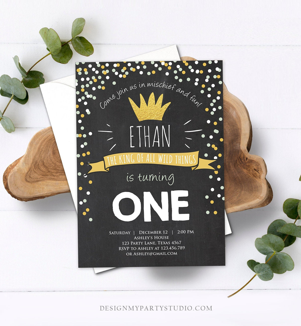Editable Birthday Invitation Wild One Black Gold Wild Things Boy First Birthday Crown Download Printable Invitation Template Corjl 0099