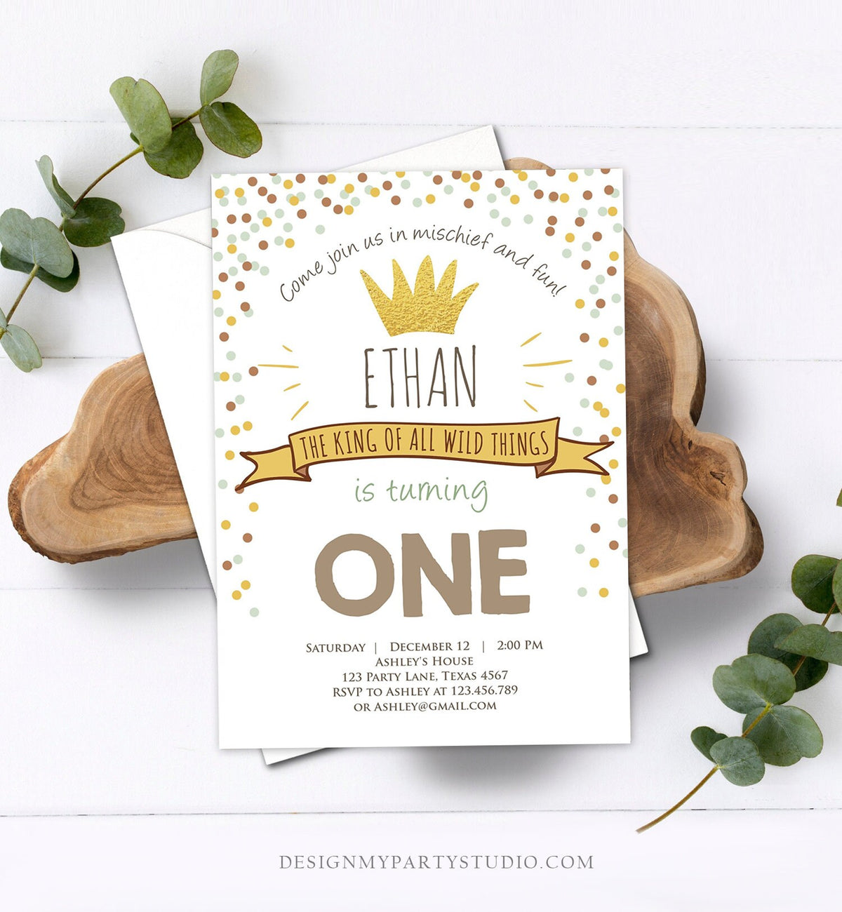 Editable Birthday Invitation Wild One Gold Crown Wild Things Boy First Birthday Instant Download Printable Invitation Template Corjl 0099