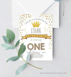 Editable Birthday Invitation Wild One Gold Crown Wild Things Boy First Birthday Instant Download Printable Invitation Template Corjl 0099