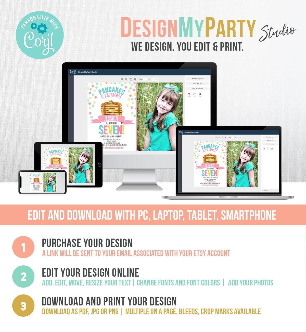 Editable Pancakes and Pajamas Invitation Pancake Pajamas Birthday Party Girl Pink Slumber Party Printable Template Corjl Digital 0286