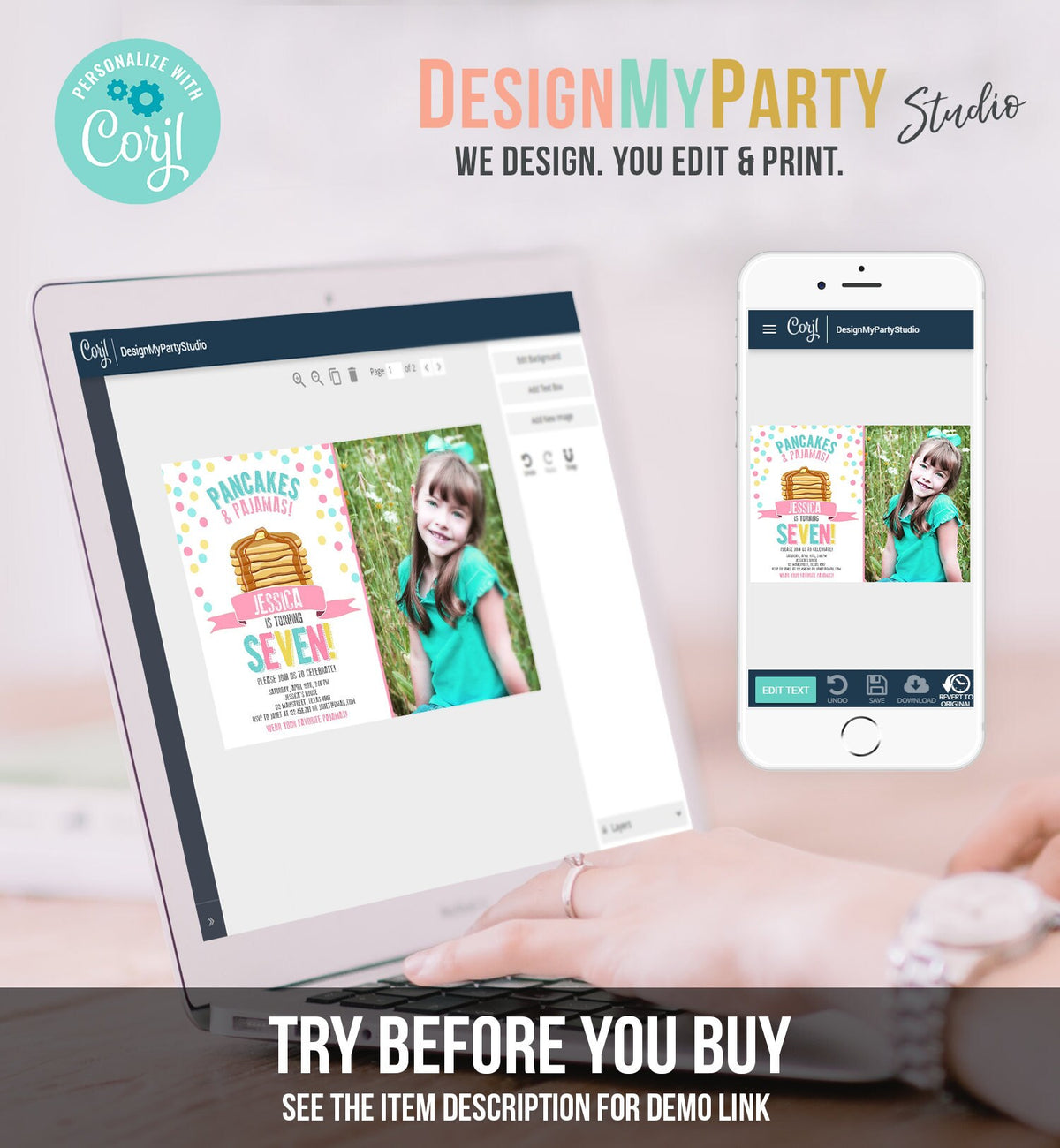 Editable Pancakes and Pajamas Invitation Pancake Pajamas Birthday Party Girl Pink Slumber Party Printable Template Corjl Digital 0286