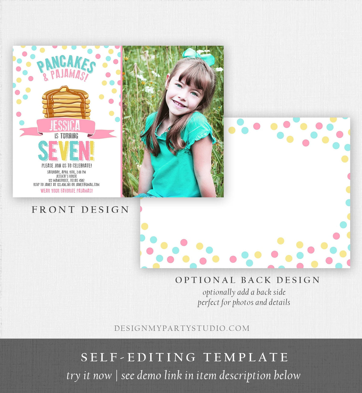 Editable Pancakes and Pajamas Invitation Pancake Pajamas Birthday Party Girl Pink Slumber Party Printable Template Corjl Digital 0286