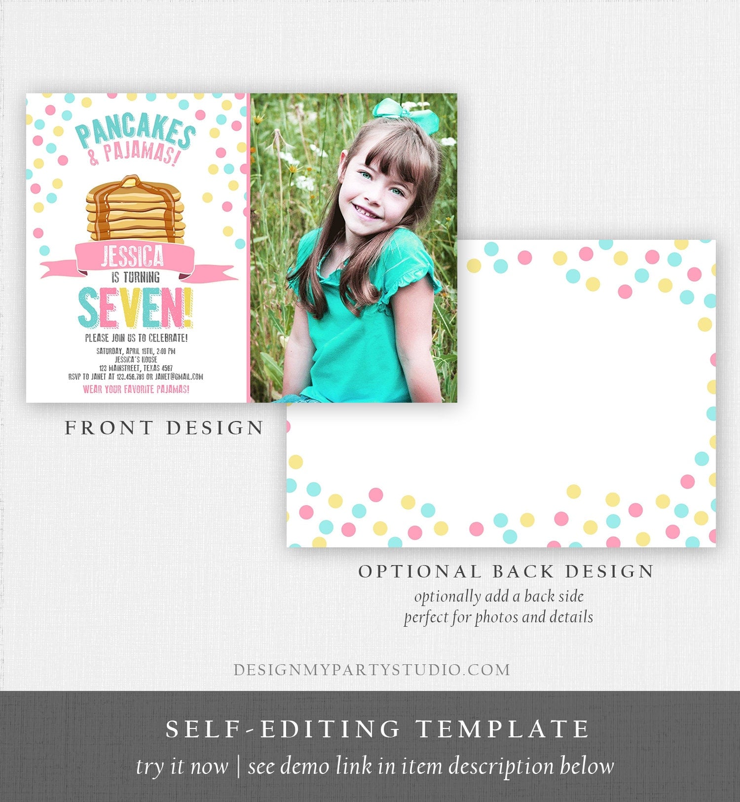 Editable Pancakes and Pajamas Invitation Pancake Pajamas Birthday Party Girl Pink Slumber Party Printable Template Corjl Digital 0286