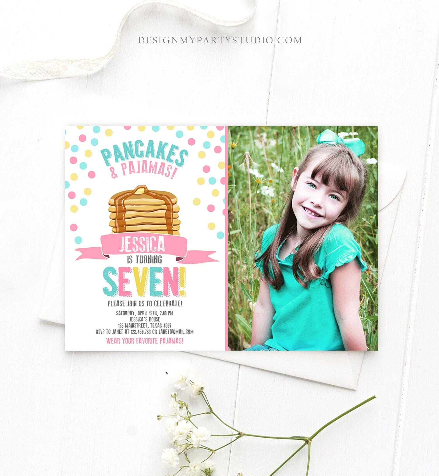 Editable Pancakes and Pajamas Invitation Pancake Pajamas Birthday Party Girl Pink Slumber Party Printable Template Corjl Digital 0286