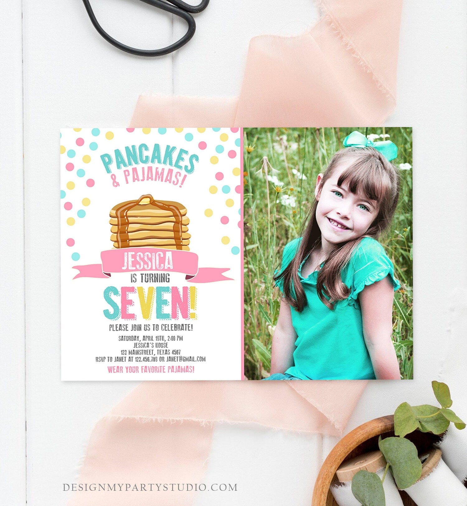 Editable Pancakes and Pajamas Invitation Pancake Pajamas Birthday Party Girl Pink Slumber Party Printable Template Corjl Digital 0286