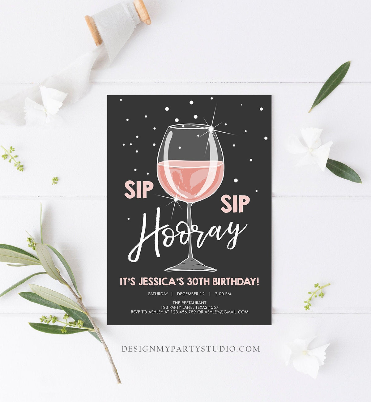 Editable Sip Sip Hooray Birthday Invitation Adult Surprise Party Rustic Chalk 30th Rose Wine Posh Chic Printable Corjl Template 0252