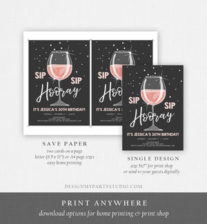 Editable Sip Sip Hooray Birthday Invitation Adult Surprise Party Rustic Chalk 30th Rose Wine Posh Chic Printable Corjl Template 0252