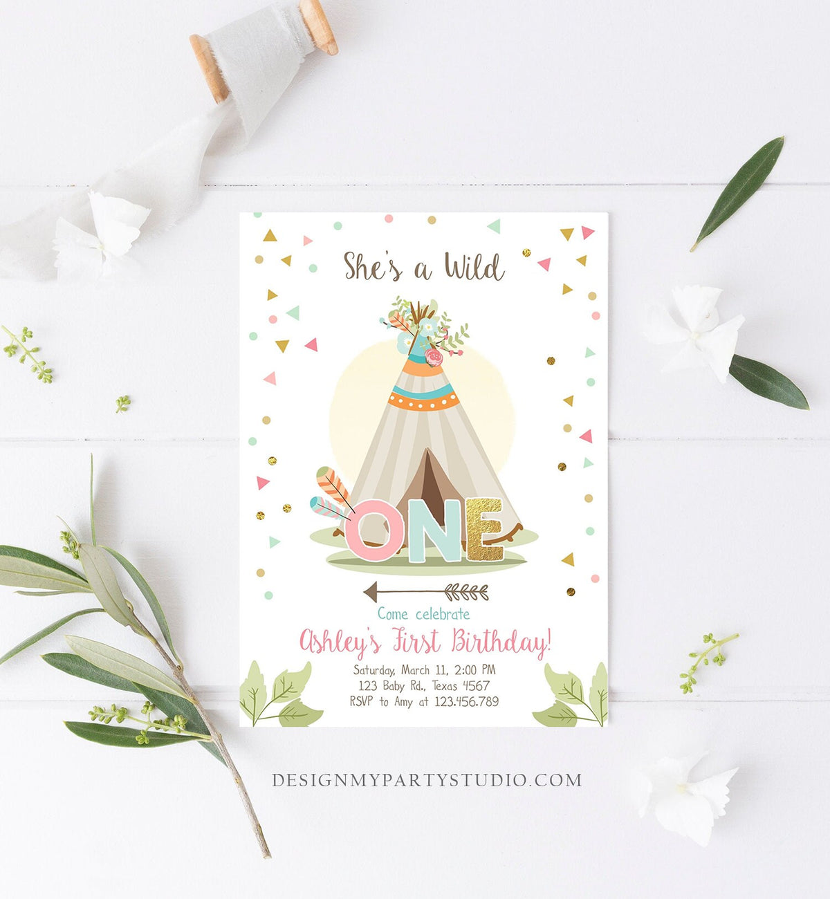 Editable Wild One Birthday Invitation Teepee Boho Tribal First Birthday Girl Pink Gold Teal Digital Download Printable Corjl Template 0092