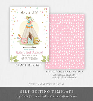 Editable Wild One Birthday Invitation Teepee Boho Tribal First Birthday Girl Pink Gold Teal Digital Download Printable Corjl Template 0092