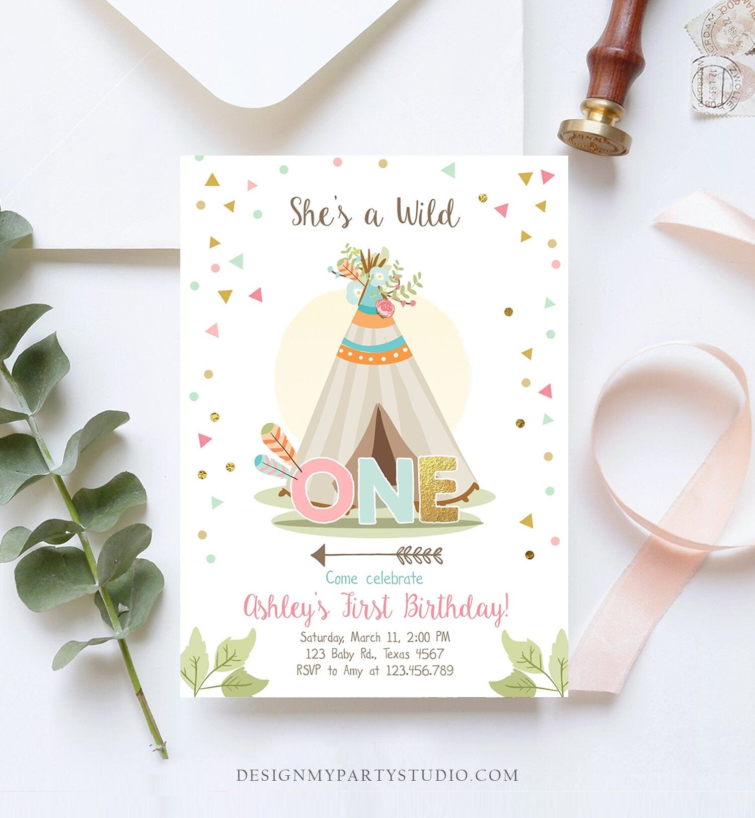 Editable Wild One Birthday Invitation Teepee Boho Tribal First Birthday Girl Pink Gold Teal Digital Download Printable Corjl Template 0092