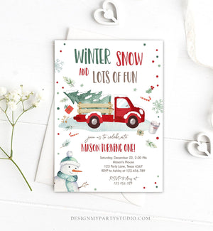 Editable ANY AGE Winter Birthday Invitation Boy Red Truck Birthday Party Winter Onederland Download Printable Invite Template Corjl 0278