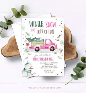 Editable ANY AGE Winter Birthday Invitation Girl Pink Truck Birthday Party Winter Onederland Download Printable Invite Template Corjl 0278