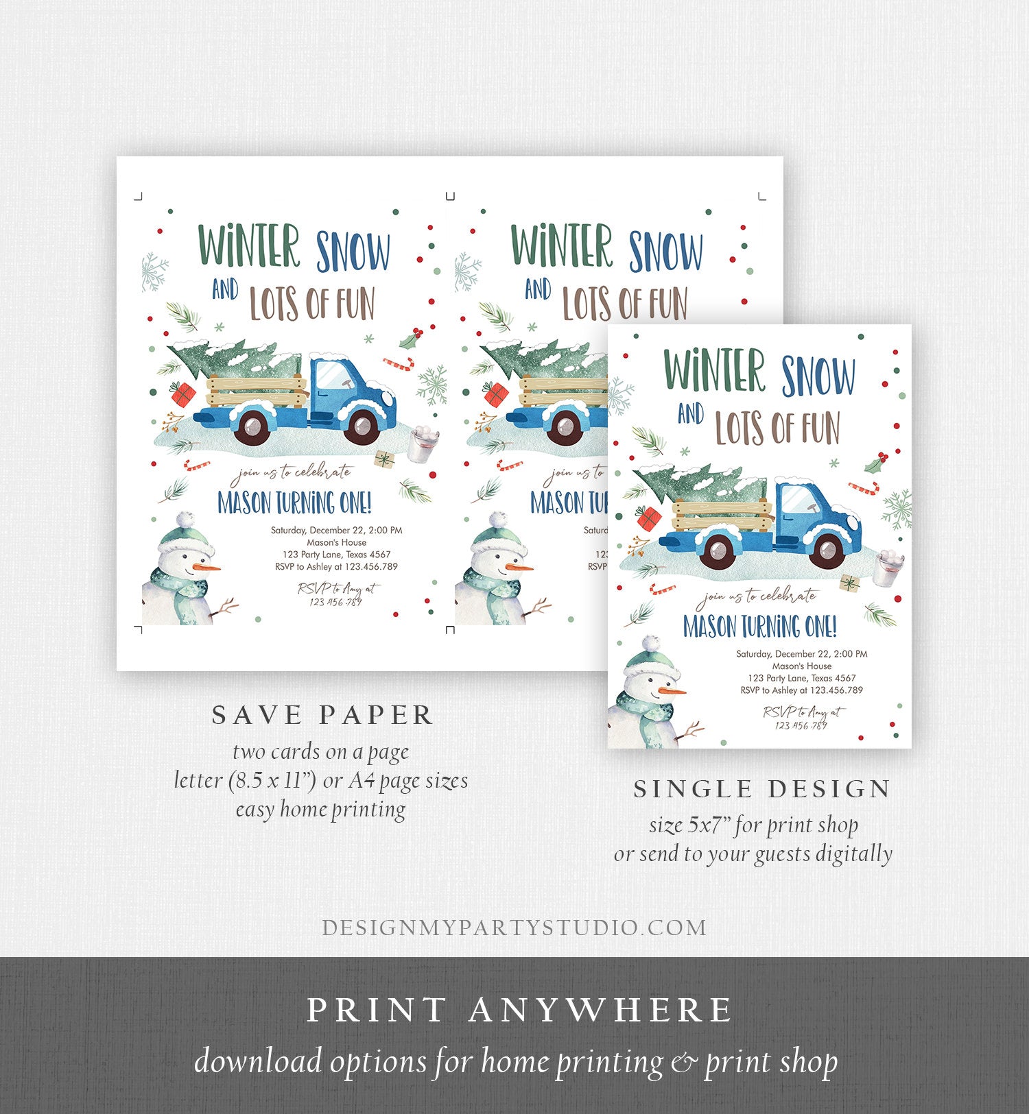 Editable ANY AGE Winter Birthday Invitation Boy Blue Truck Birthday Party Winter Onederland Download Printable Invite Template Corjl 0278