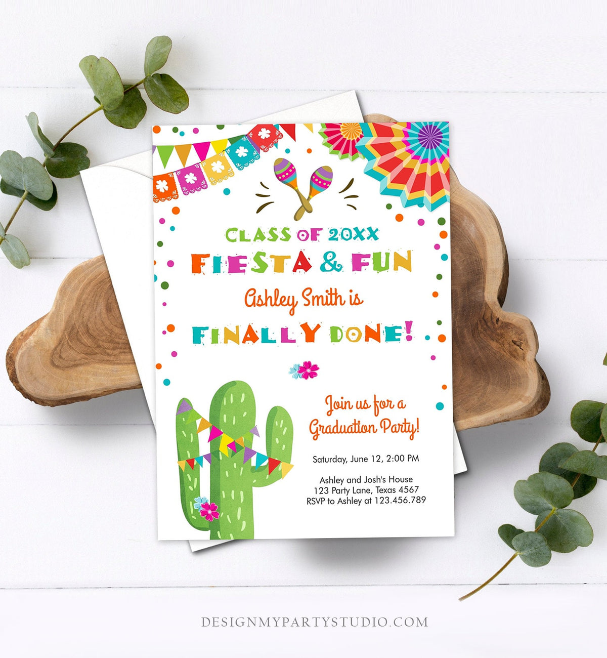 Editable Fiesta and Fun Graduation Party Invitation Finally Done Let&#39;s Fiesta Mexican High School College Degree Diploma Corjl Template 0045