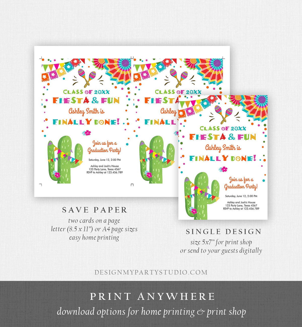Editable Fiesta and Fun Graduation Party Invitation Finally Done Let&#39;s Fiesta Mexican High School College Degree Diploma Corjl Template 0045
