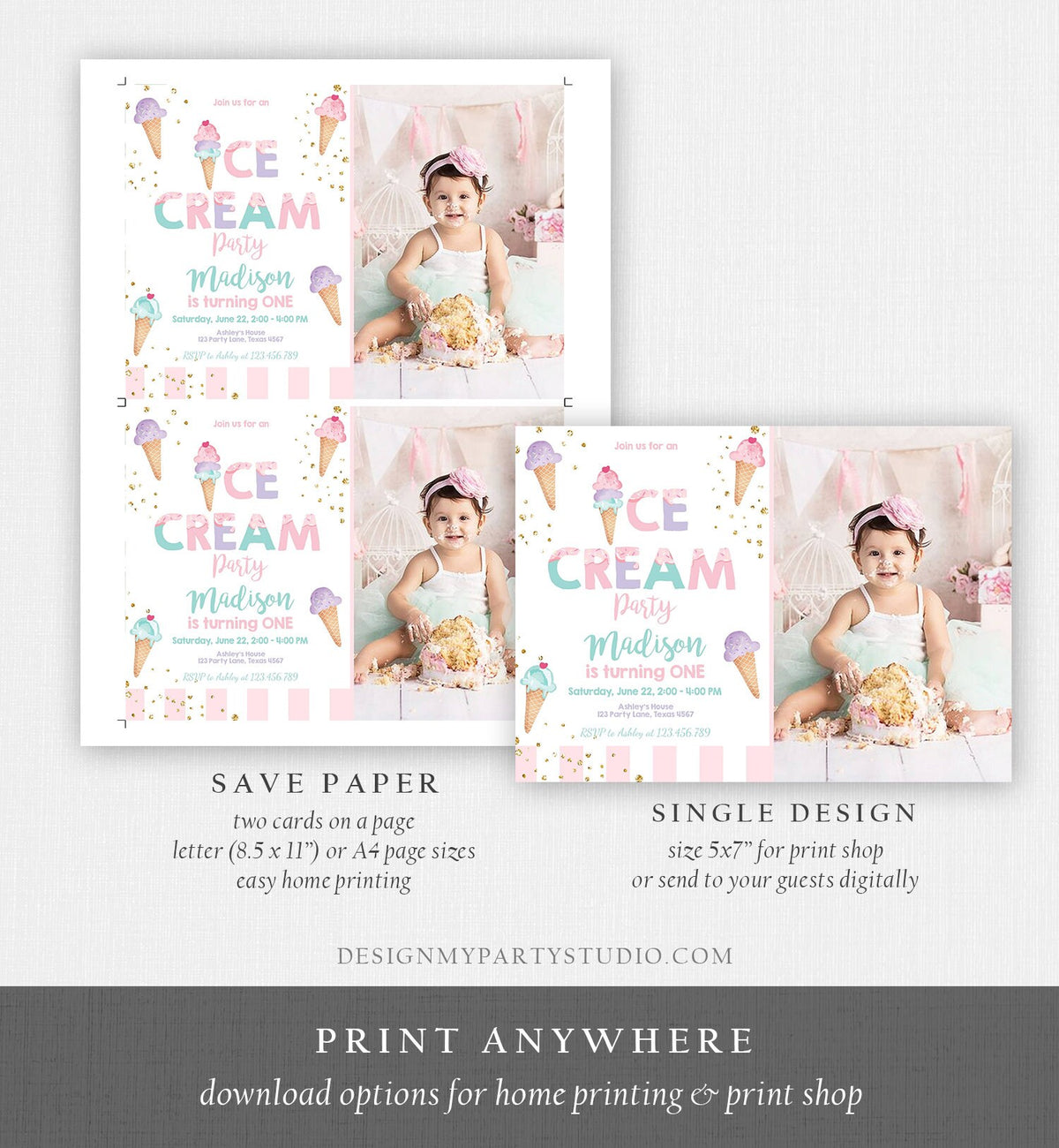 Editable Ice Cream Birthday Invitation First Birthday Party Here&#39;s the Scoop Cone Ice Cream Social Download Printable Template Corjl 0243