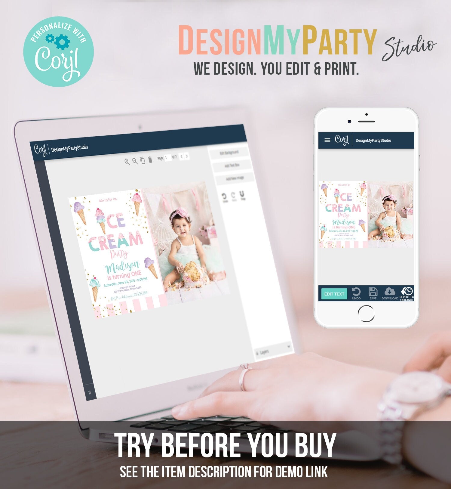 Editable Ice Cream Birthday Invitation First Birthday Party Here's the Scoop Cone Ice Cream Social Download Printable Template Corjl 0243