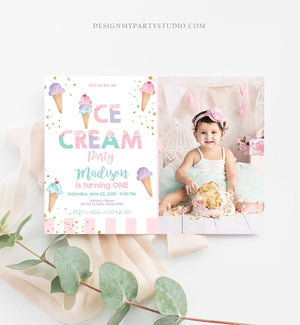 Editable Ice Cream Birthday Invitation First Birthday Party Here's the Scoop Cone Ice Cream Social Download Printable Template Corjl 0243