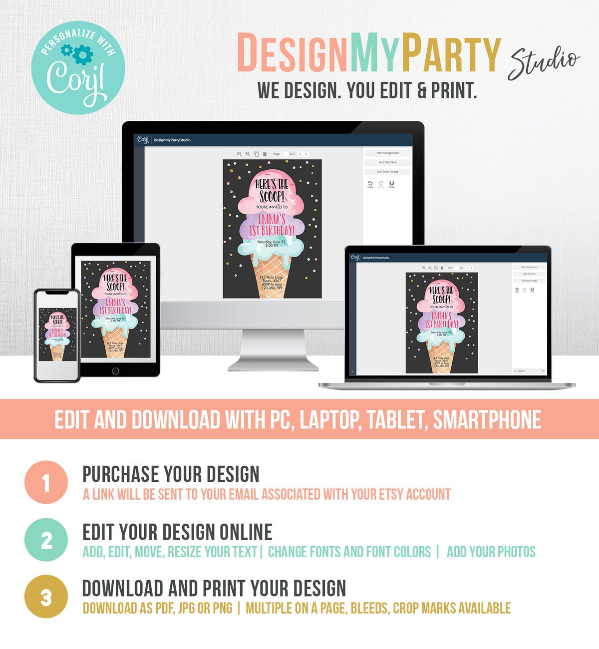 Editable Ice Cream Birthday Invitation First Birthday Party Here&#39;s the Scoop Cone Pink Mint Gold Purple Printable Template Corjl 0243