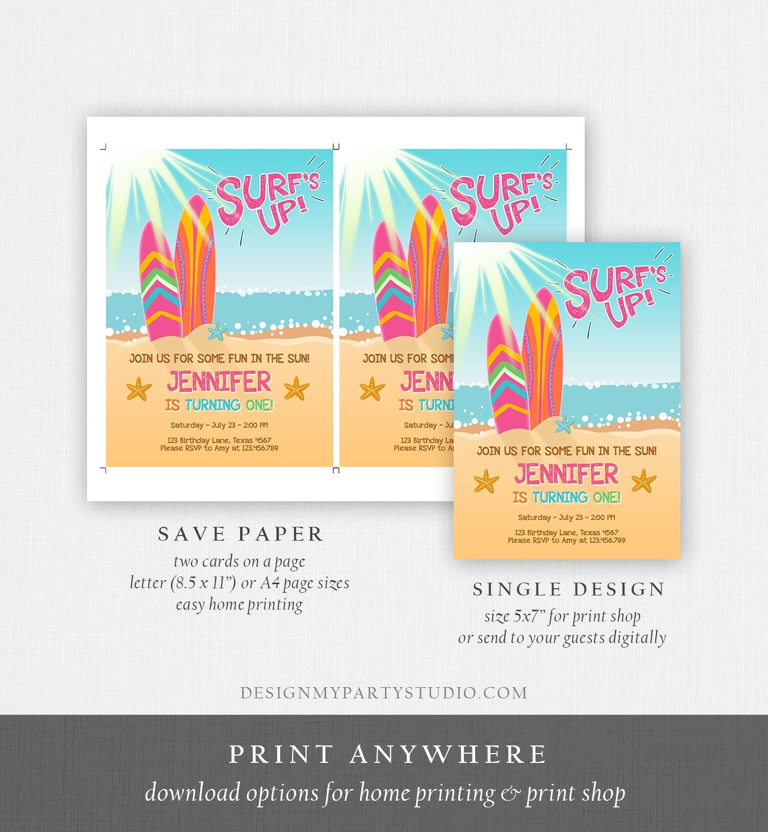 Editable Surf Birthday invitation Summer Beach Party Surfboard Girl Surf Party Pink Download Printable Invitation Template Corjl 0241