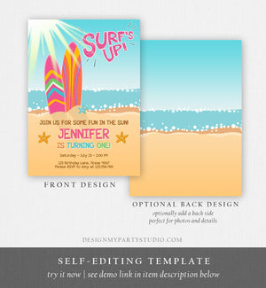 Editable Surf Birthday invitation Summer Beach Party Surfboard Girl Surf Party Pink Download Printable Invitation Template Corjl 0241