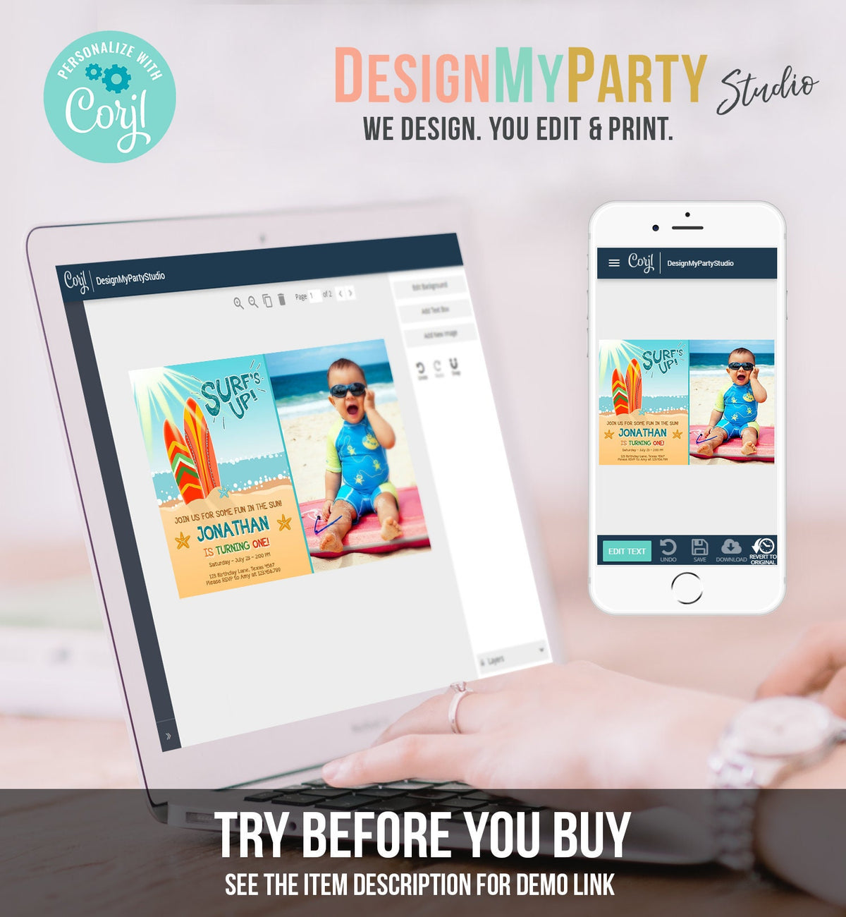 Editable Surf Birthday invitation Summer Beach Party Surfboard Boy Surf Party Instant Download Printable Invitation Template Corjl 0241