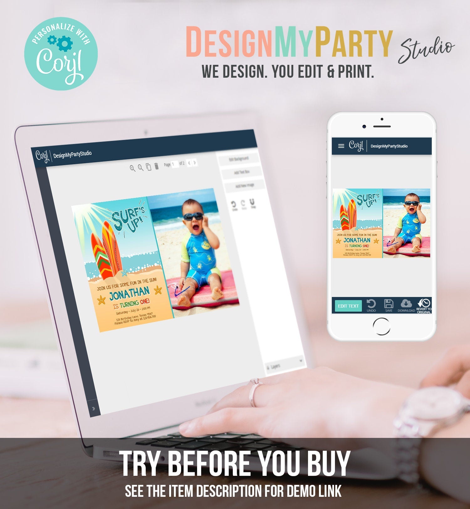 Editable Surf Birthday invitation Summer Beach Party Surfboard Boy Surf Party Instant Download Printable Invitation Template Corjl 0241