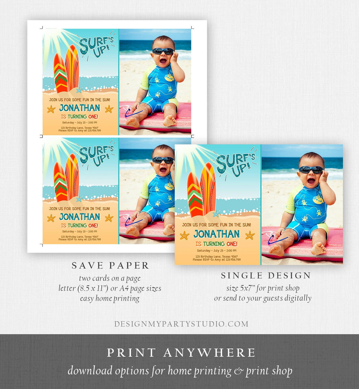 Editable Surf Birthday invitation Summer Beach Party Surfboard Boy Surf Party Instant Download Printable Invitation Template Corjl 0241