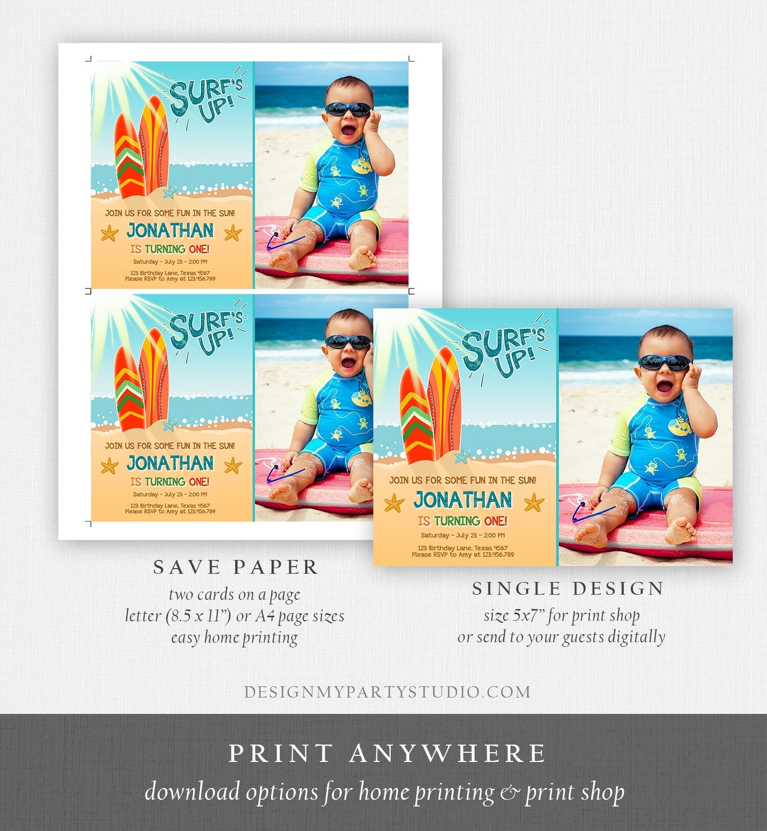 Editable Surf Birthday invitation Summer Beach Party Surfboard Boy Surf Party Instant Download Printable Invitation Template Corjl 0241