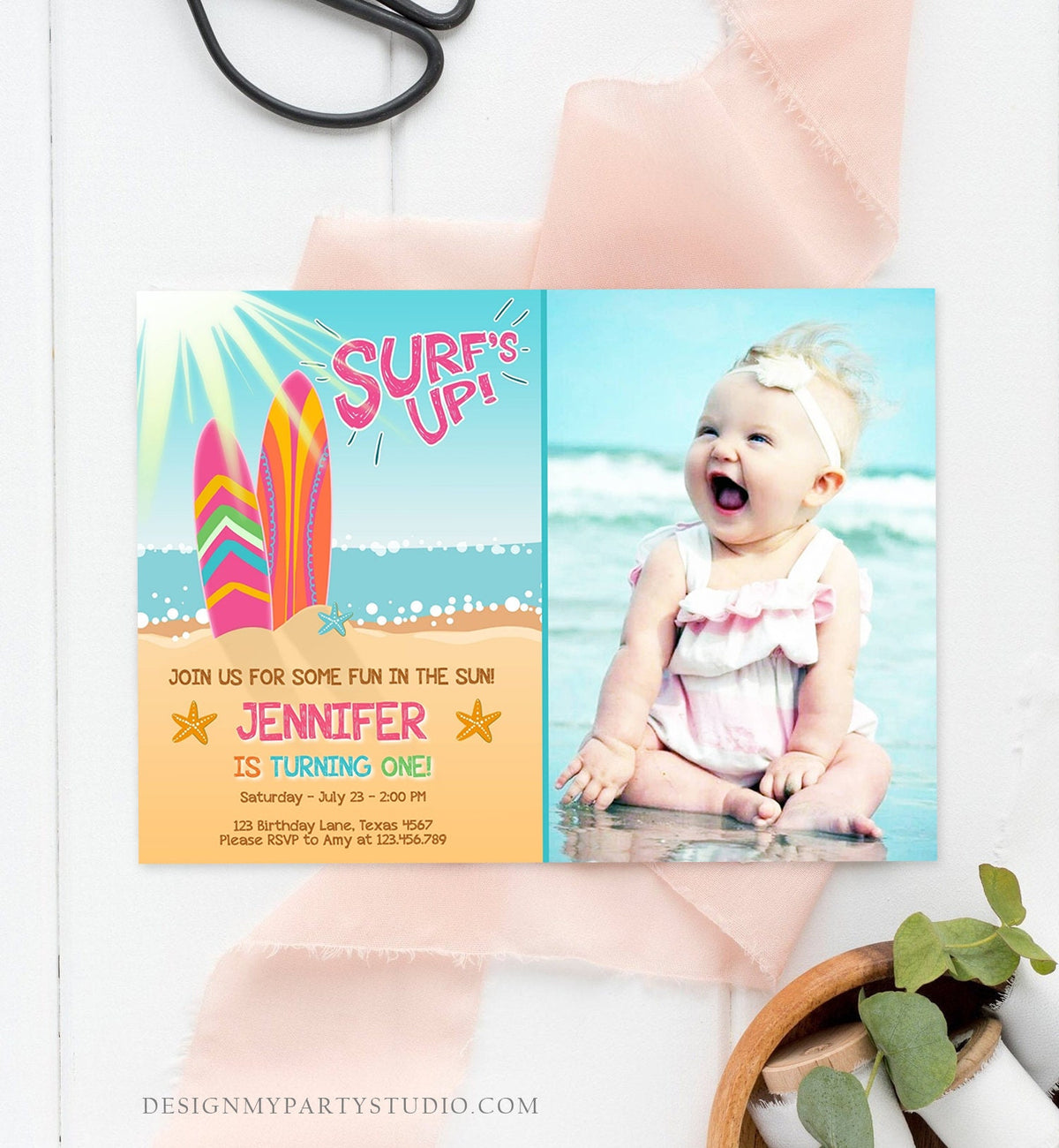 Editable Surf Birthday invitation Summer Beach Party Surfboard Girl Surf Party Pink Download Printable Invitation Template Corjl 0241