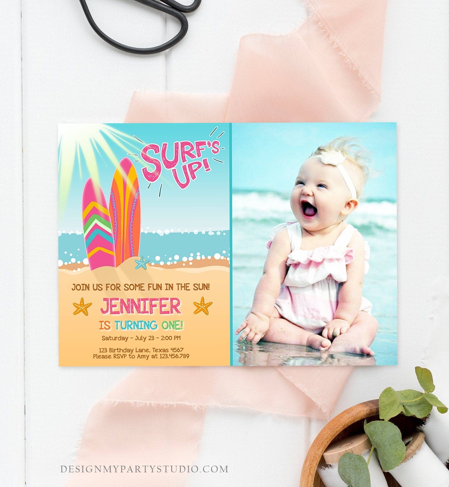 Editable Surf Birthday invitation Summer Beach Party Surfboard Girl Surf Party Pink Download Printable Invitation Template Corjl 0241
