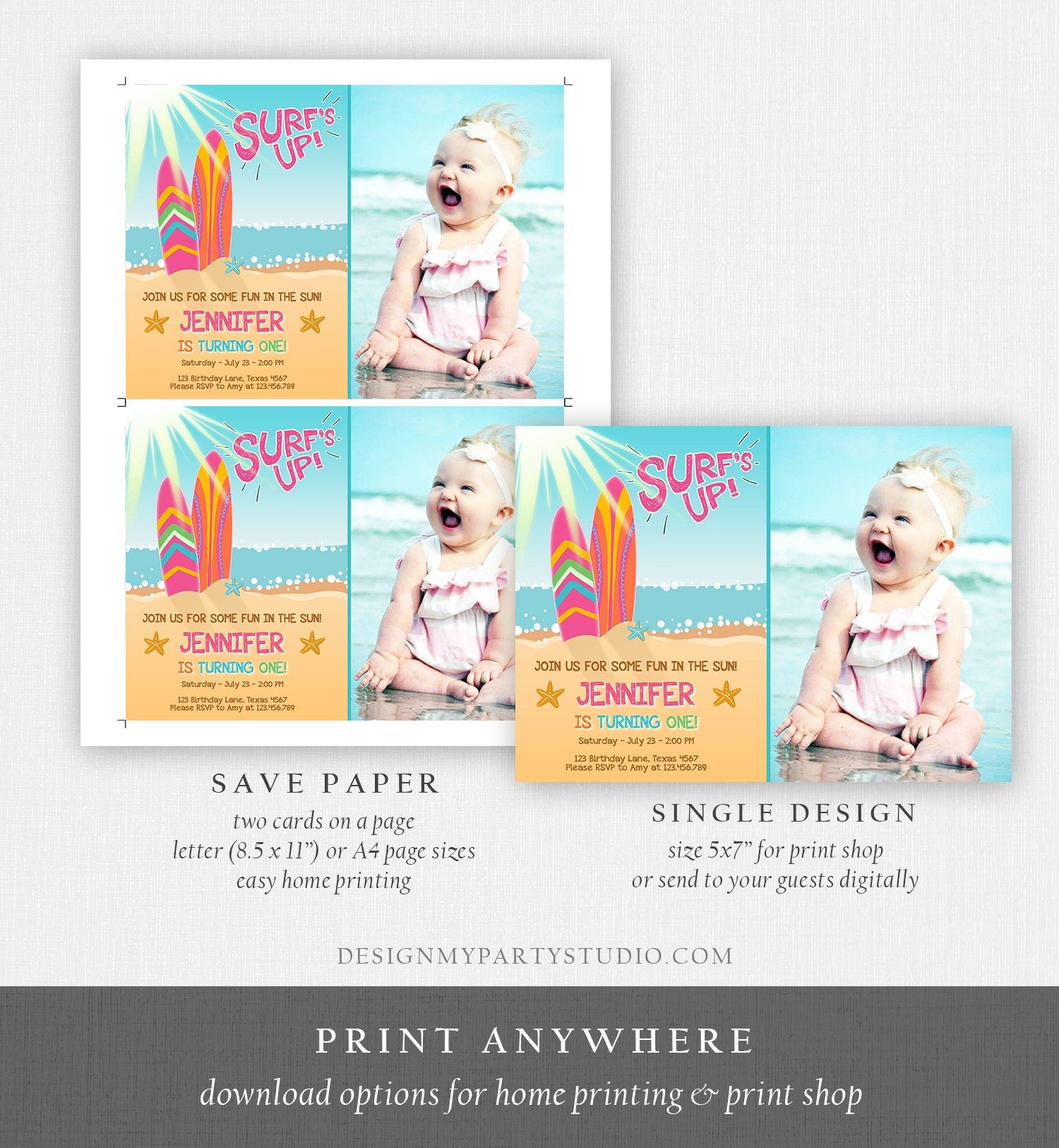 Editable Surf Birthday invitation Summer Beach Party Surfboard Girl Surf Party Pink Download Printable Invitation Template Corjl 0241