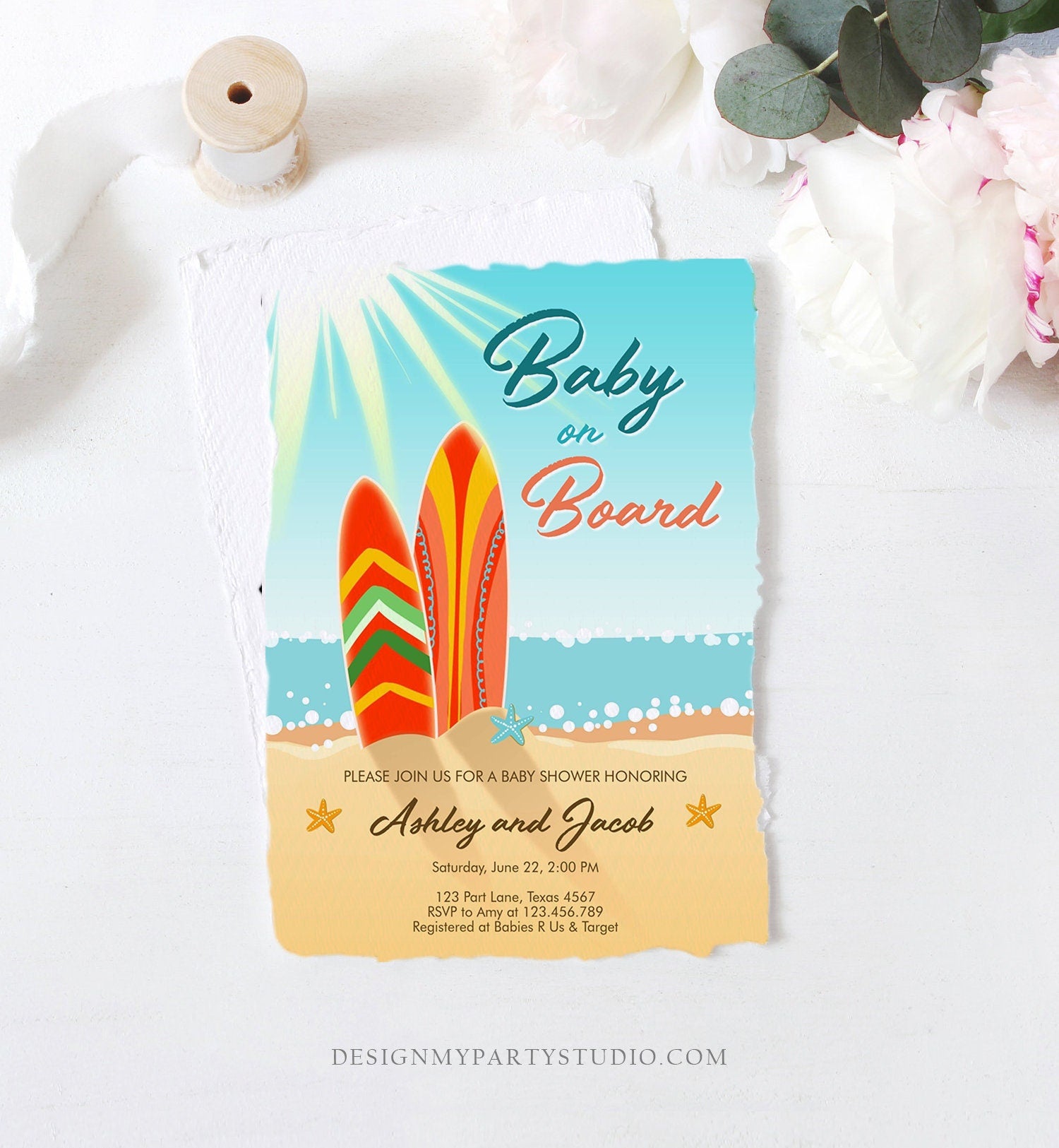 Editable Baby on Board Baby Shower Sprinkle Surf Surfing 