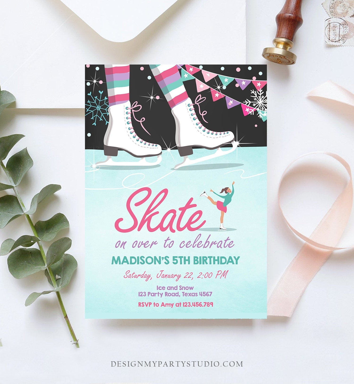 Editable Ice Skating Invitation Ice Skating Birthday Party Girl Pink Mint Skate Party Winter Download Printable Invitation Template Corjl