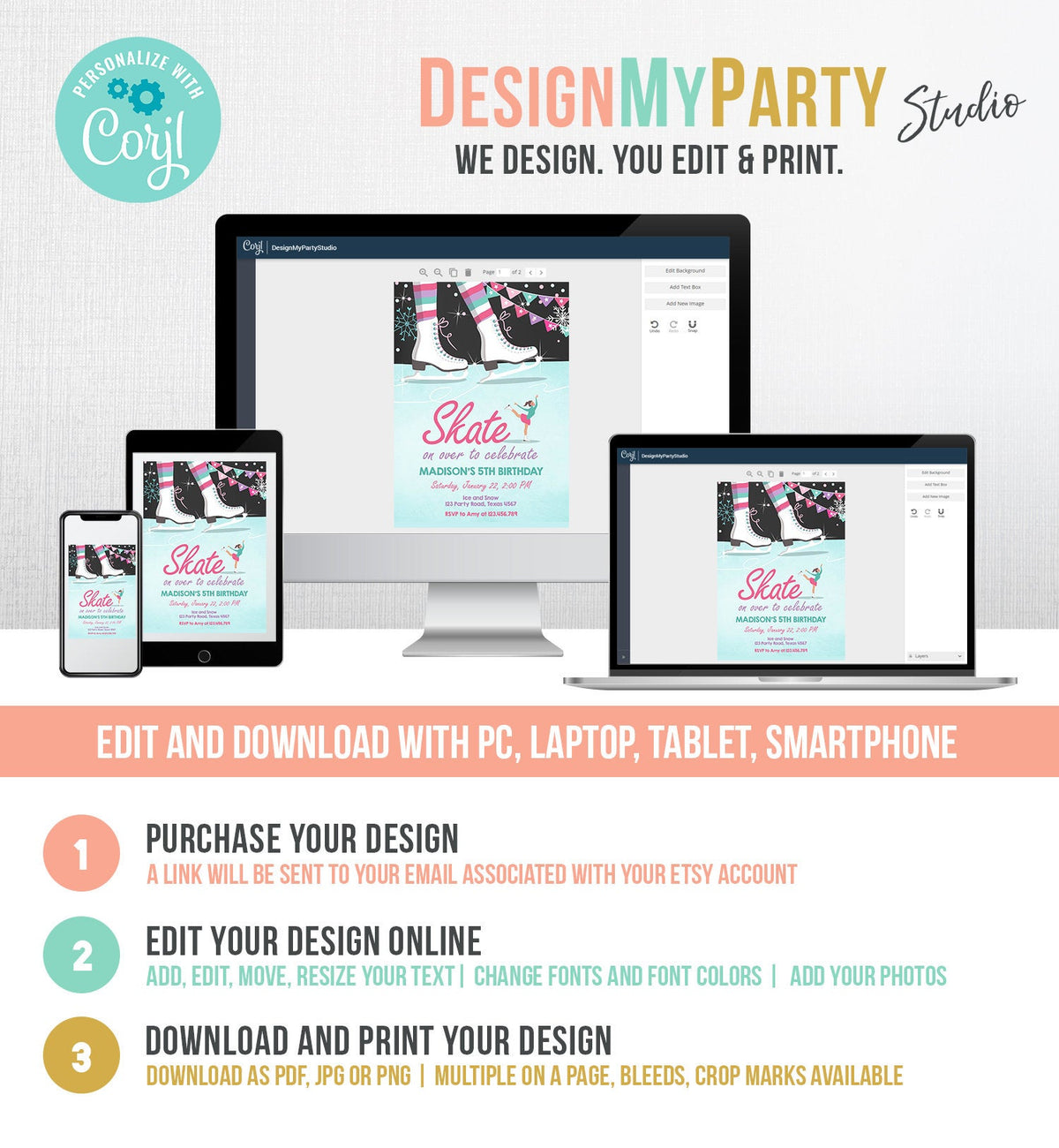 Editable Ice Skating Invitation Ice Skating Birthday Party Girl Pink Mint Skate Party Winter Download Printable Invitation Template Corjl