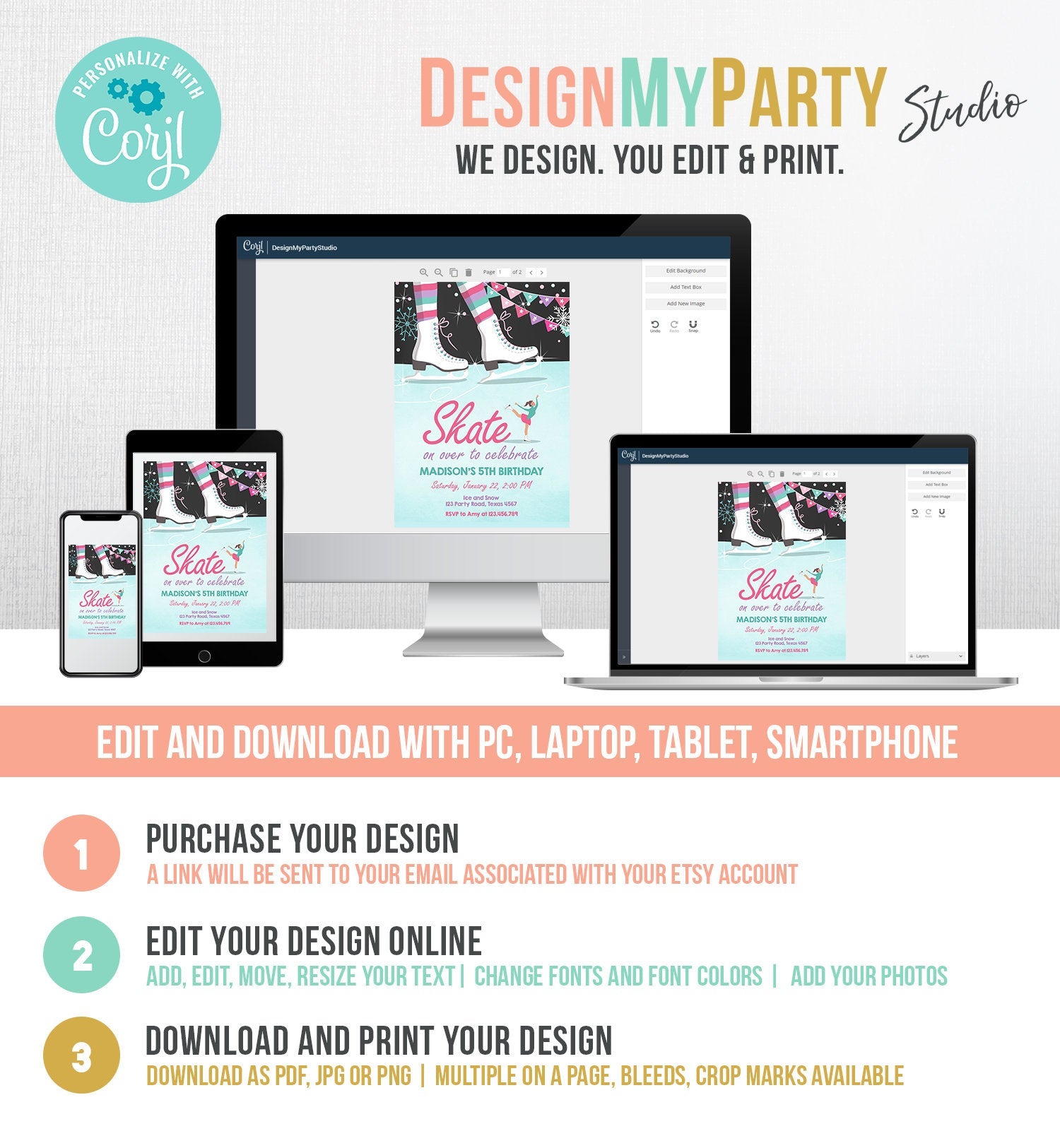 Editable Ice Skating Invitation Ice Skating Birthday Party Girl Pink Mint Skate Party Winter Download Printable Invitation Template Corjl