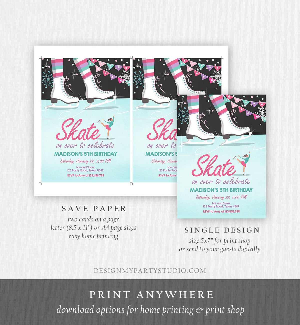 Editable Ice Skating Invitation Ice Skating Birthday Party Girl Pink Mint Skate Party Winter Download Printable Invitation Template Corjl