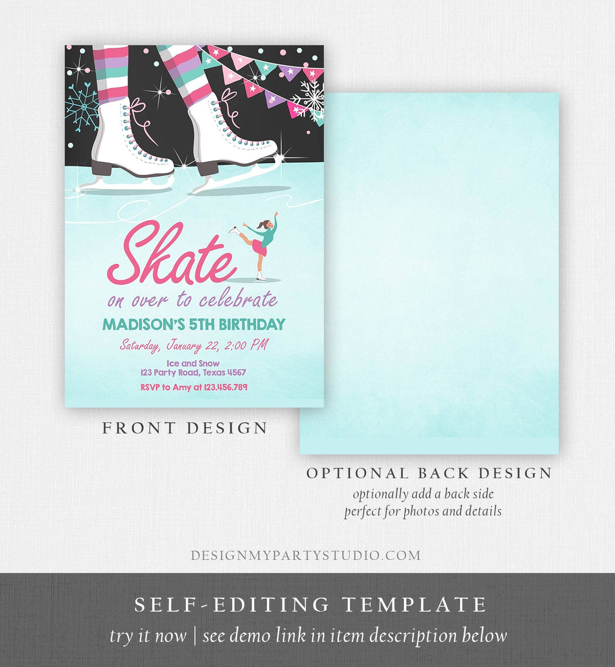 Editable Ice Skating Invitation Ice Skating Birthday Party Girl Pink Mint Skate Party Winter Download Printable Invitation Template Corjl