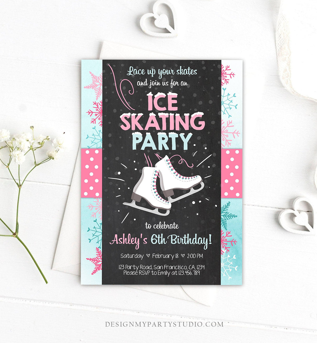 Editable Ice Skating Invitation Ice Skating Birthday Party Girl Pink Mint Skate Party Winter Download Printable Invitation Template Corjl