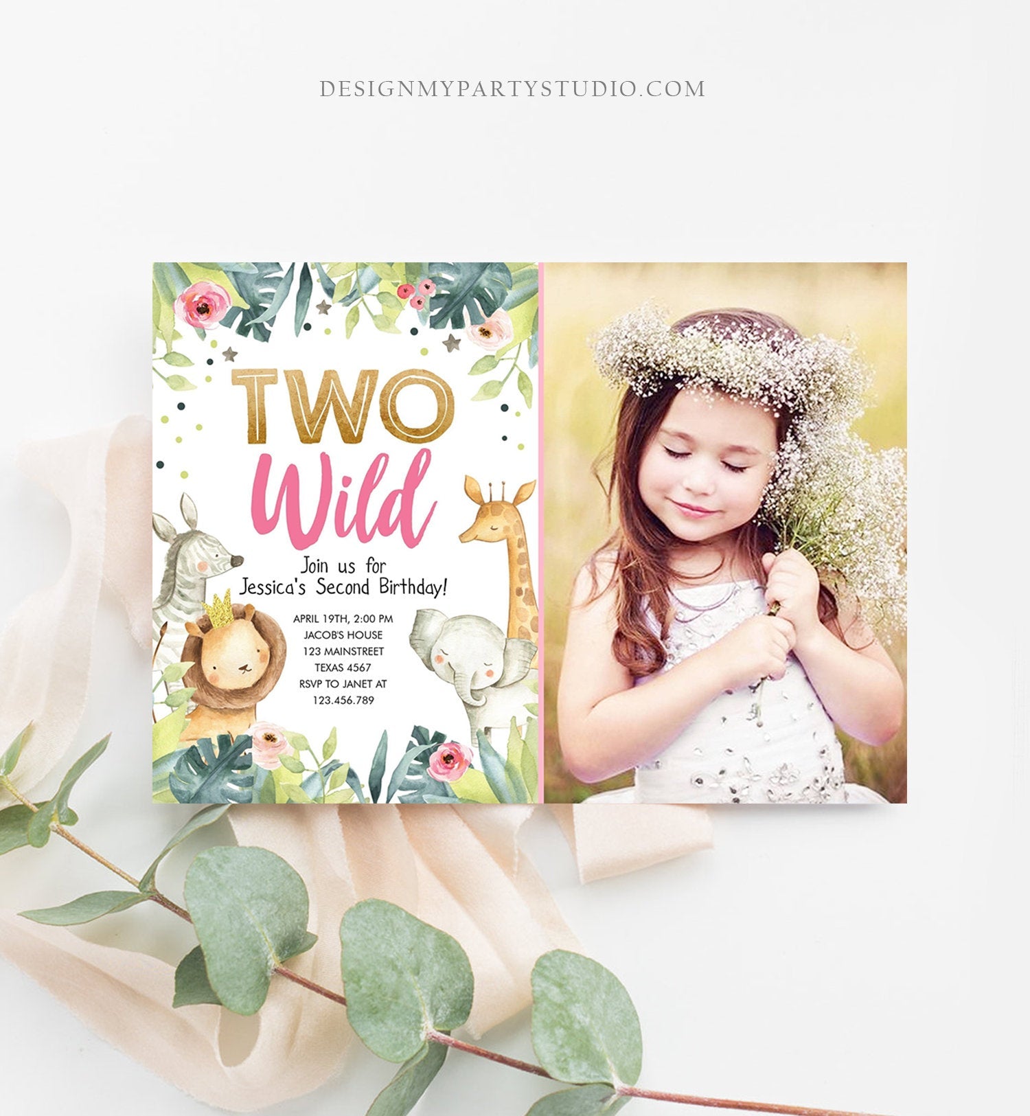 Editable Two Wild Birthday Invitation Girl Party Animals Invite Party Jungle Safari Pink Gold Zoo Download Printable Template Corjl 0163