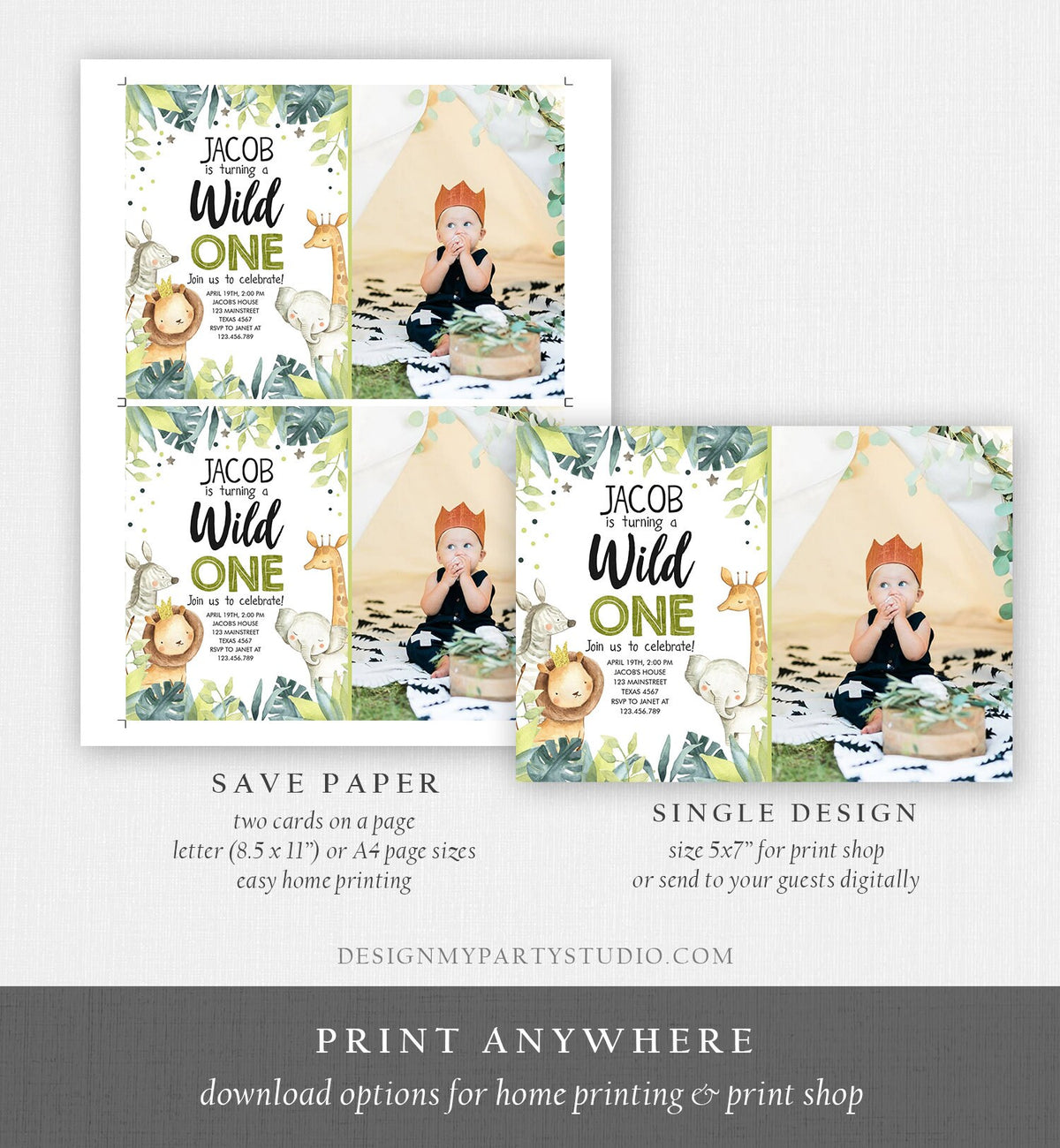 Editable Wild One Birthday Invitation Safari Animals Jungle Safari Birthday Black Gold Download Printable Invitation Template Corjl 0163