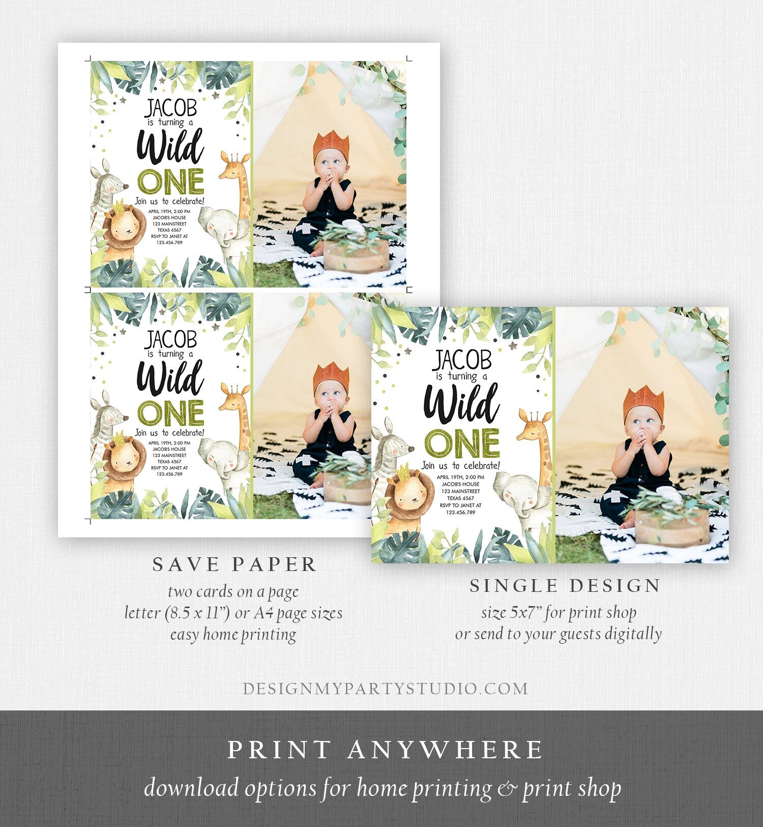 Editable Wild One Birthday Invitation Safari Animals Jungle Safari Birthday Black Gold Download Printable Invitation Template Corjl 0163