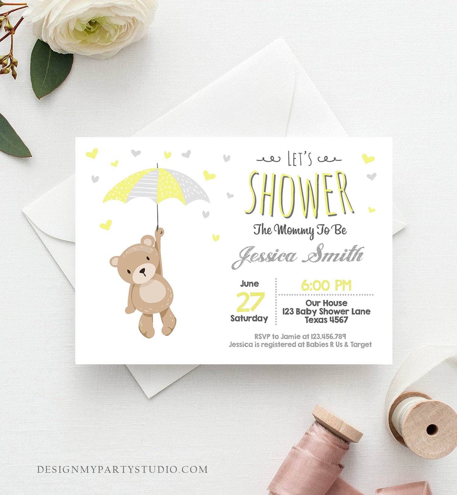 Editable Baby Shower Invitation Teddy Bear Cute Gender Neutral Yellow Bear Little Cub Woodland Template Instant Download Digital Corjl 0025