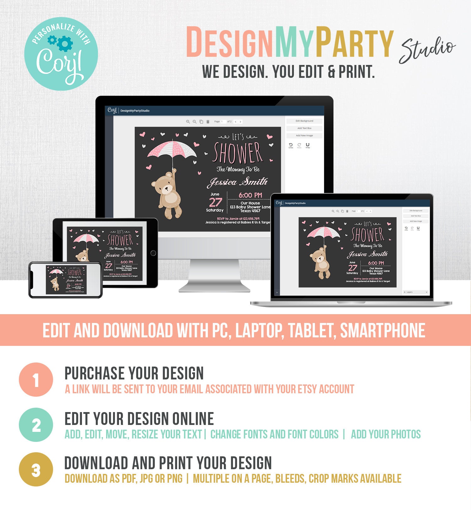 Editable Baby Shower Invitation Teddy Bear Cute Baby Girl Pink Bear Little Cub Woodland Invite Template Instant Download Digital Corjl 0025