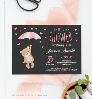 Editable Baby Shower Invitation Teddy Bear Cute Baby Girl Pink Bear Little Cub Woodland Invite Template Instant Download Digital Corjl 0025