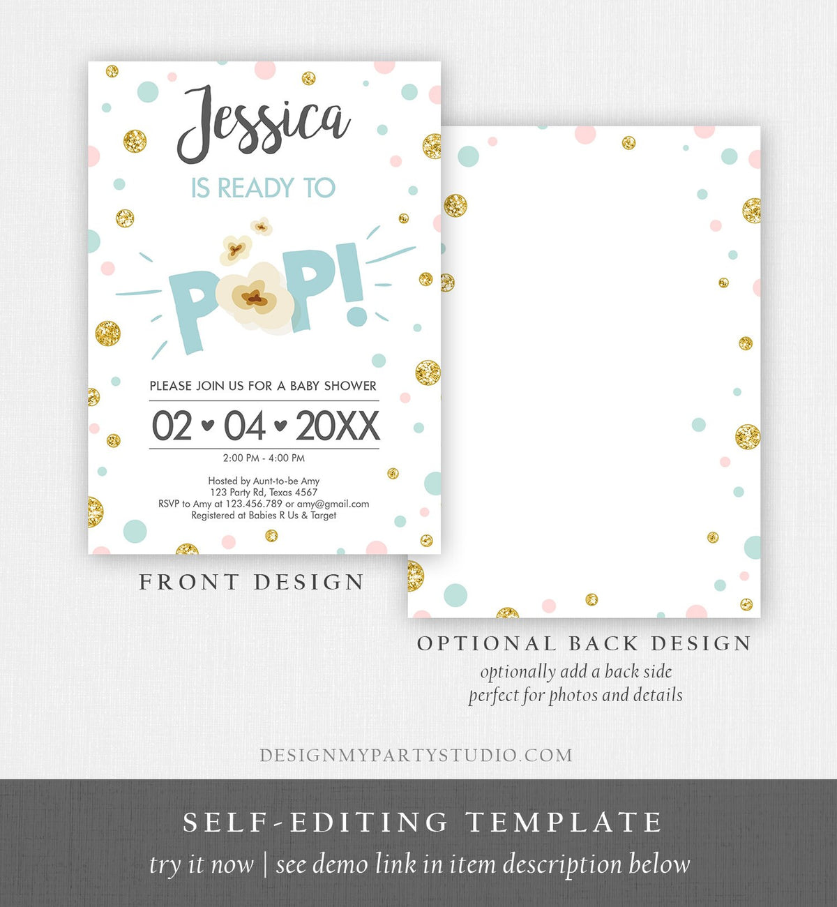 Editable Ready to Pop Baby Shower Invitation Sprinkle Popcorn Blue Boy Pop Balloon Instant Download Printable Template Digital Corjl 0211