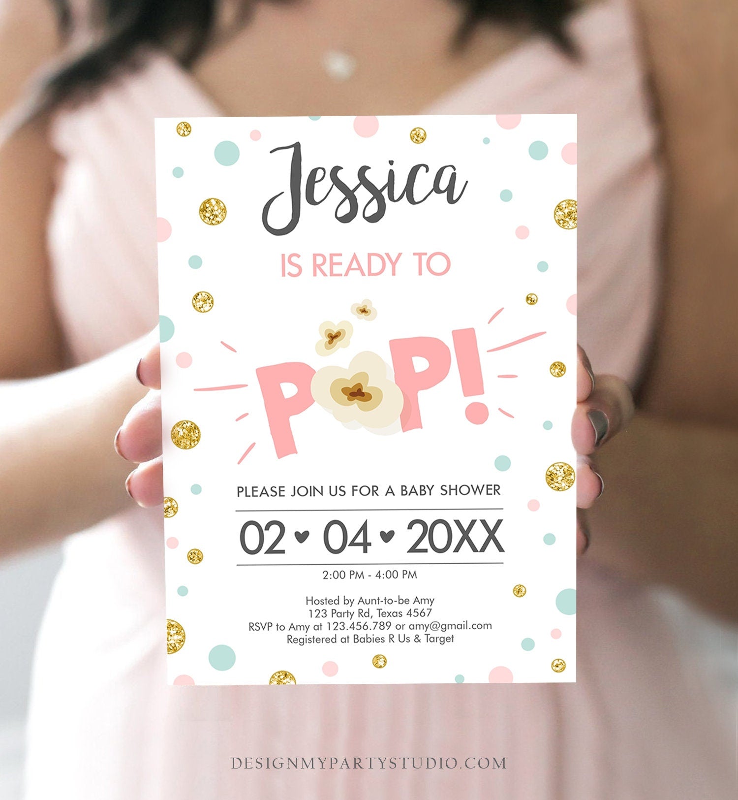Editable Ready to Pop Baby Shower Invitation Girl Pink Gold Popcorn Confetti Pop Balloon Download Printable Template Digital Corjl 0211