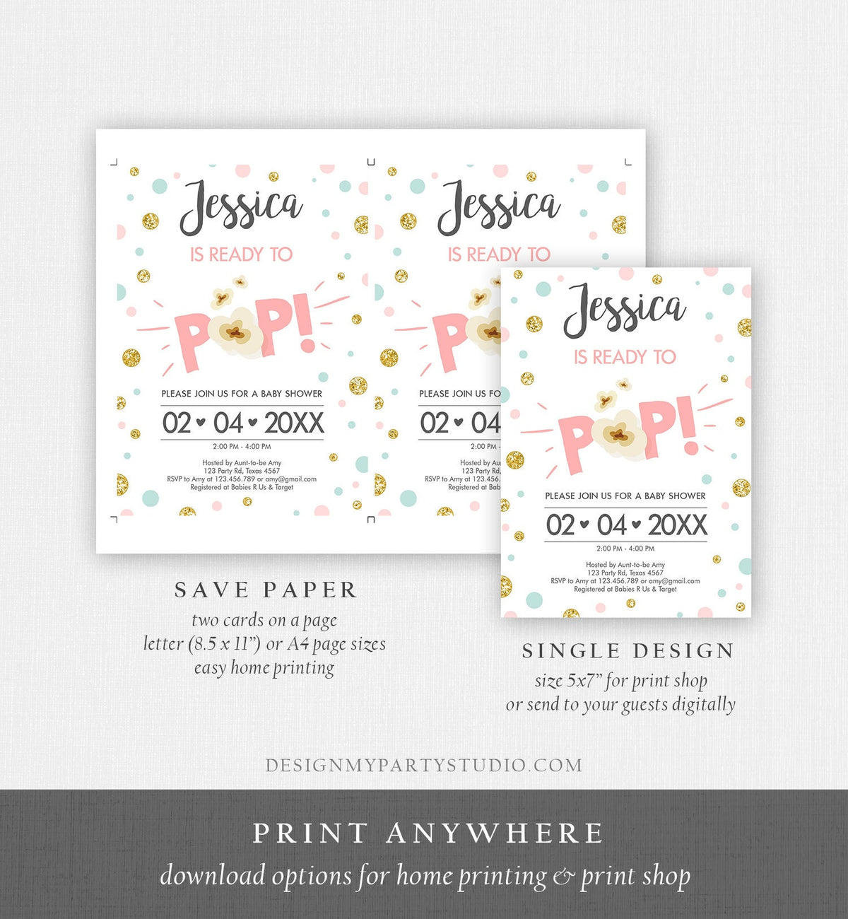 Editable Ready to Pop Baby Shower Invitation Girl Pink Gold Popcorn Confetti Pop Balloon Download Printable Template Digital Corjl 0211