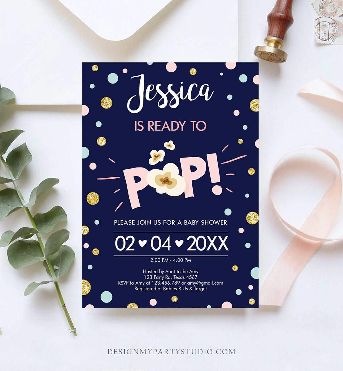 Editable Ready to Pop Baby Shower Invitation Girl Pink Gold Popcorn Confetti Pop Balloon Download Printable Template Digital Corjl 0211